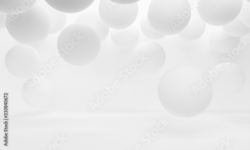 White abstract background with flying spheres. Backdrop design for product promotion. 3d rendering