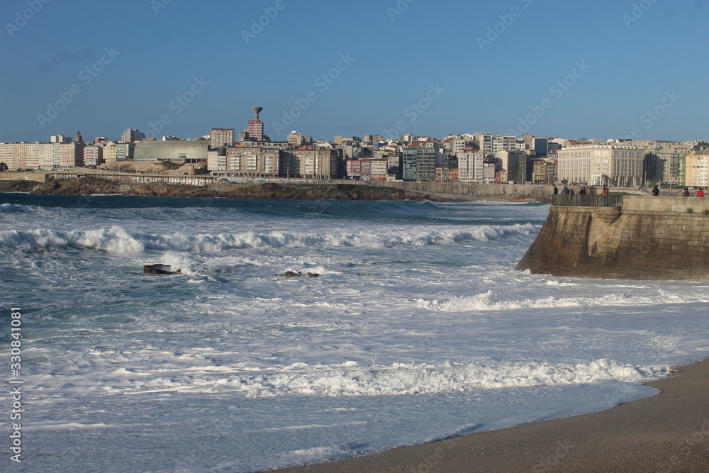 Waves and bad wheater in A Coruna city, in Spain Waves and bad wheater in A Coruna city, in Spain