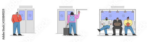 Men and Women Travell By Public Transport. Human Are Sitting and Standing in Metro. Male And Female Characters Are Riding Subway On Their Way. Set Of Cartoon Linear Outline Flat Vector Illustrations