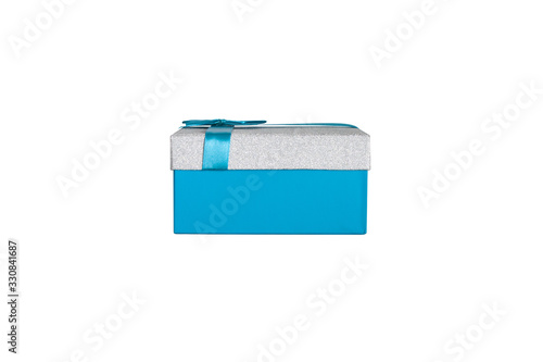 Side view on blue and silver gift box