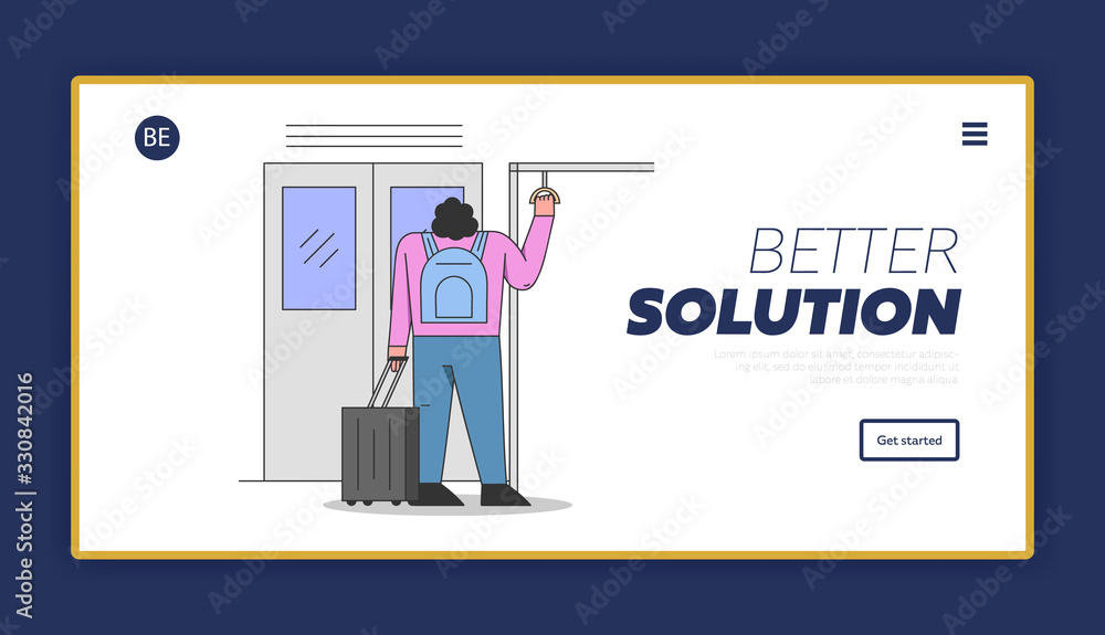 Concept Of Environmentally Public Transport. Website Landing Page. Woman Character With Luggage Riding Metro, Subway or Underground Train. Web Page Cartoon Linear Outline Flat Vector Illustration Concept Of Environmentally Public Transport. Website Landing Page. Woman Character With Luggage Riding Metro, Subway or Underground Train. Web Page Cartoon Linear Outline Flat Vector Illustration
