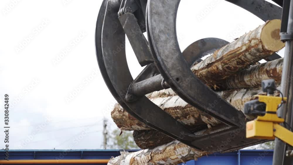Loading equipment for logging. Log loader for timber, logs. The log loader moves a stack of pine logs. Lumber industry. Loading equipment for logging. Log loader for timber, logs. The log loader moves a stack of pine logs. Lumber industry.