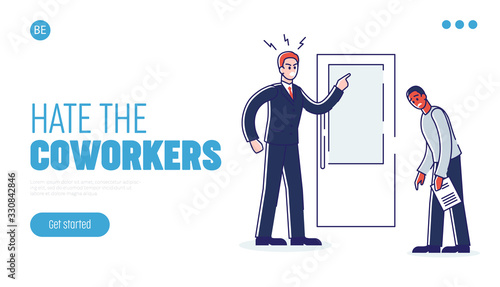 Concept Of Office Work And Personnel. Website Landing Page. Young Angry Boss Is Scolding Employee In The Office. Chief Has Flipped Out. Web Page Cartoon Linear Outline Flat Style. Vector Illustration