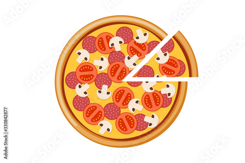 Pizza with tomato mushroom salami and cheese slices. Italian fast food meal isolated vector eps illustration