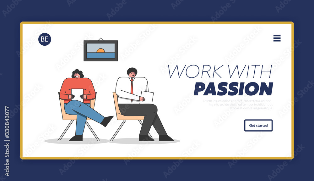 Concept Of Human Resources And and Job Vacancy. Website Landing Page. Man And Woman Are Waiting For Job Interview In The Office Holding CV. Web Page Cartoon Linear Outline Flat Vector Illustration Concept Of Human Resources And and Job Vacancy. Website Landing Page. Man And Woman Are Waiting For Job Interview In The Office Holding CV. Web Page Cartoon Linear Outline Flat Vector Illustration