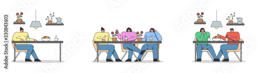 Concept Of Annoying Friend. Annoying Admirer Trying Unsuccessfully Have A Conversation. Men And Women Are Communicating And Drinking Together. Set Of Cartoon Linear Outline Flat Vector Illustration