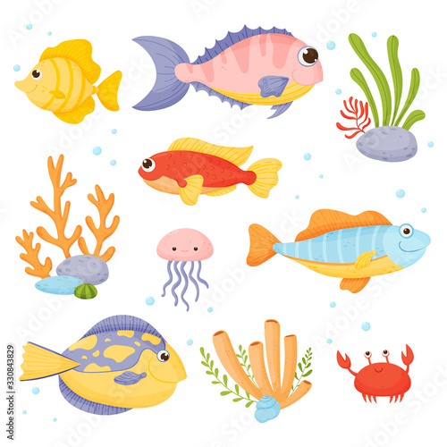 Marine life. Vector set in cartoon style isolated on white background.