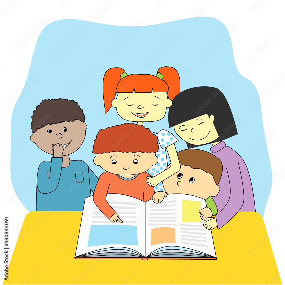 Illustration of multi-racial Happy little Children reading book in Cartoon style. International Children's Book Day. Vector for UI, web banner, social media Illustration of multi-racial Happy little Children reading book in Cartoon style. International Children's Book Day. Vector for UI, web banner, social media