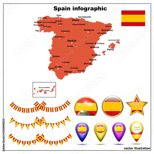 Map of Spain bright graphic illustration. Spain map with Spanish major cities and regions. Set illustration with map  flag  buttons and navigation web buttons.