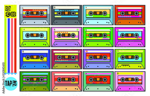 old school cassette tapes graphic elements 80's colors