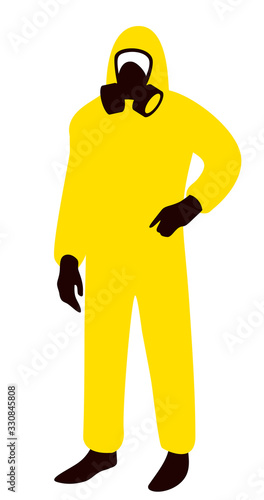 A man wearing a yellow hazmat suit with a respirator. A personal protective equipment with a safety mask, vector illustration.