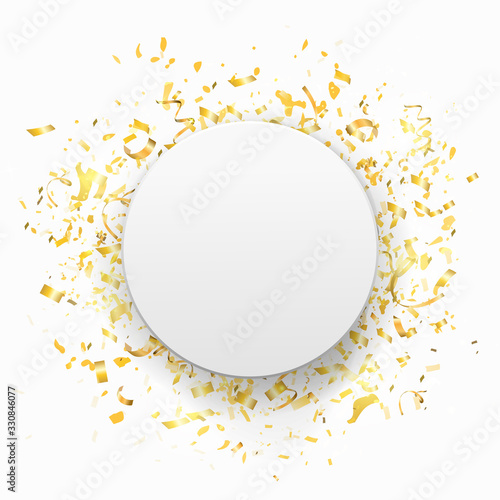 Gold celebration background with party bright gold Glitter confetti, ribbon, stars celebration, serpentine on white background. Flat lay