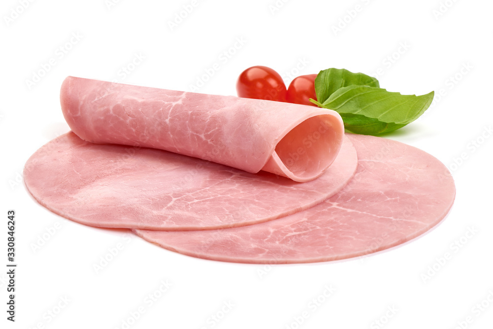 Sliced boiled ham sausage, isolated on white background Sliced boiled ham sausage, isolated on white background