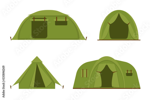 Tourist camp tents set vector icons illustration.