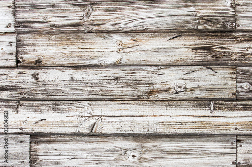 Grunge wooden desk. Gray board background. Natural wood pattern texture. Knots and nails wall construction.