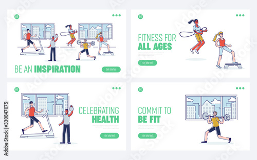 Trainings In Gym Concept. Website Landing Page. Characters Are Lifting Weight, Doing Different Strength Training. Fitness Club Interior. Cartoon Linear Outline Flat Vector Illustrations Web Page Set