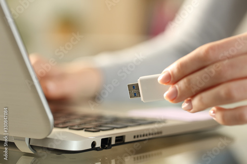 Vászonkép Woman holding usb flash drive next to laptop at home