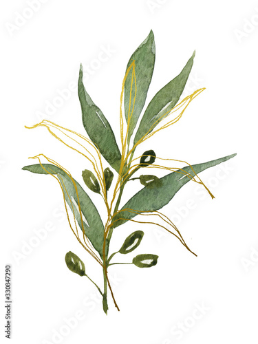 Beautiful watercolor pre-made arrangements with fresh greenery. Leaves, branches, berries, eucalyptus. Hand painted illustration. perfect for invitation cards, spring decor, wedding invitation, menu, 