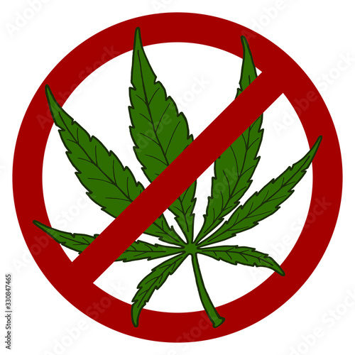 Prohibition sign - no marijuana, hemp, cannabis. Stop drug, no narcotics - banner template, sticker. Illegal drugs. Vector illustration, flat design element, cartoon, isolated on white background.