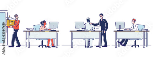 Concept Of Collaboration Of Human And Robot. People Work With Robot In Office. Employer Has Replaced The Employee With Bot Or Artificial Intelligence. Cartoon Linear Outline Flat Vector Illustration