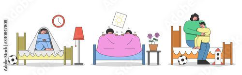 Concept Of Kids Bad Dreams And Nightmares. Children Wake Up Of Nightmare And Sit Under The Blanket. Mother Is Calming Boy Because Of Bad Dream. Cartoon Linear Outline Flat Style. Vector Illustration