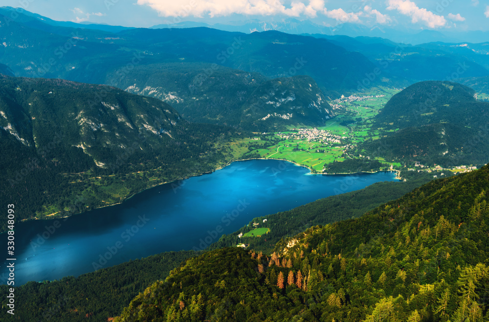 Aerial view of Lake Bohinj in Slovenia in summer