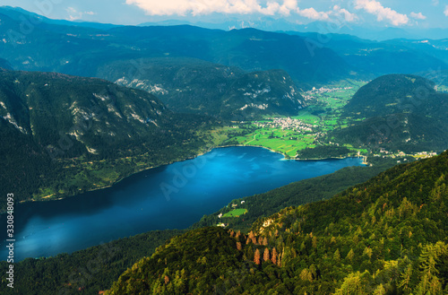 Fototapeta Naklejka Na Ścianę i Meble -  Aerial view of Lake Bohinj in Slovenia in summer
