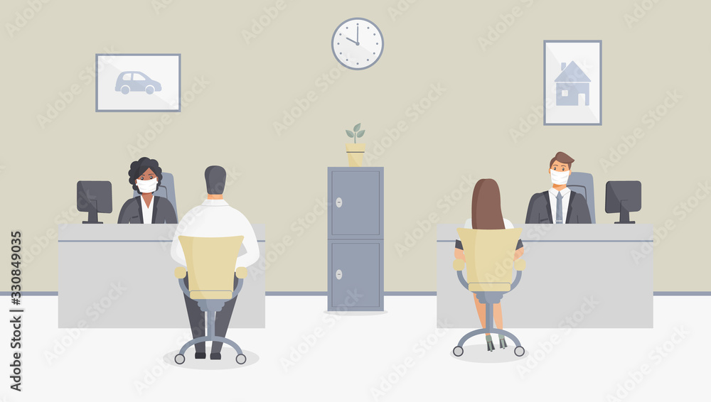 Bank office or insurance company is open during epidemic of virus. Employees in protective medical masks serve customers.Interior with safe and paintings with house and car.Vector illustration Bank office or insurance company is open during epidemic of virus. Employees in protective medical masks serve customers.Interior with safe and paintings with house and car.Vector illustration