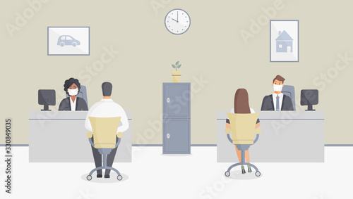 Bank office or insurance company is open during epidemic of virus. Employees in protective medical masks serve customers.Interior with safe and paintings with house and car.Vector illustration