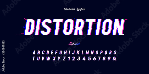 Vector distorted glitch font. Trendy style lettering typeface. Latin letters from A to Z and numbers from 0 to 9. Green and red channels.