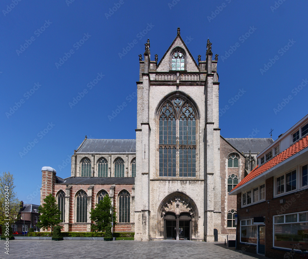 Gothic church of Maria Magdalena with its transept facade in the old town of Goes in the Netherlands