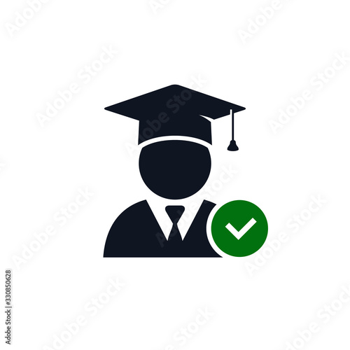 Graduate Student with check mark sign. Vector icon isolated on white