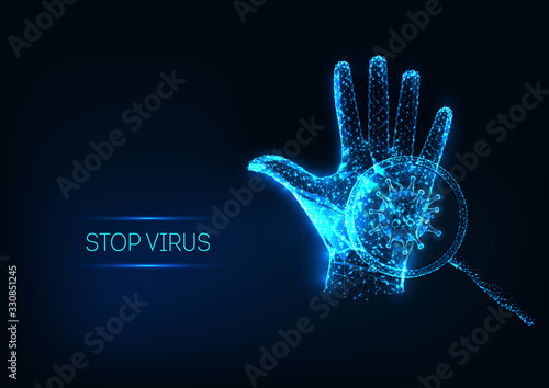 Futuristic stop CORONA virus concept with glowing low polygonal human hand and virus cell