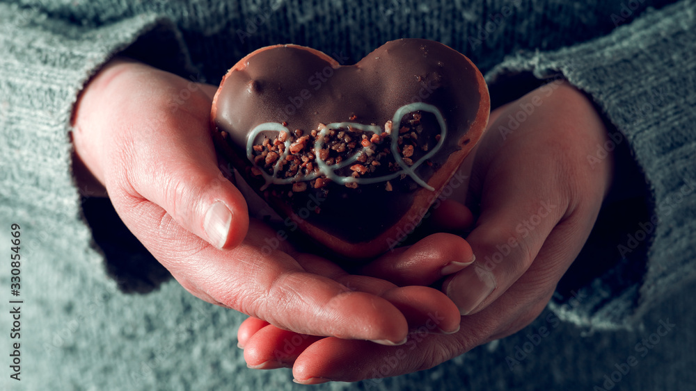 female hands that hold Donut in the shape of a heart- Valentines day concept, selective focus. female hands that hold Donut in the shape of a heart- Valentines day concept, selective focus.