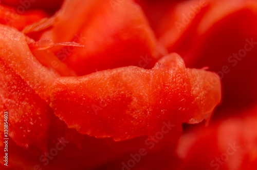 Pickled red ginger leaves. Macro photography