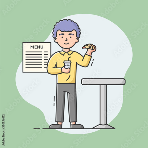 Cheat Meal, Healthy Lifestyle Concept. Man Is Eating Piece Of Pizza Washing Down By Soda. Boy Is Cheating On His Diet, Eating Unhealthy Fast Food Meal. Cartoon Linear Outline Flat Vector Illustration