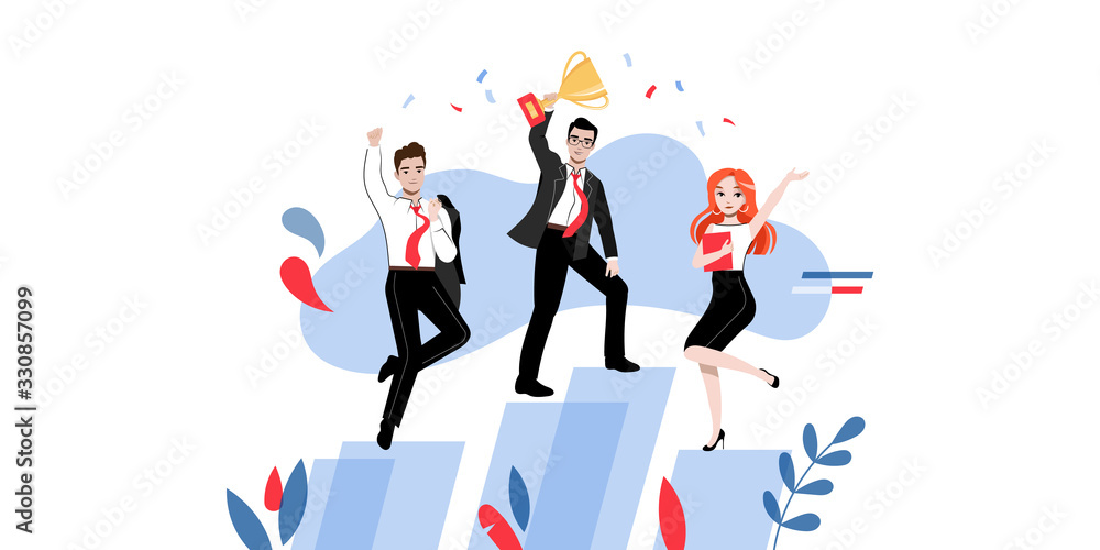 Creativity, Brainstorming, Teamwork Concept. Group Of Happy Successful Business People Or Students In Different Poses With Winner s Cup On Platforms. Cartoon Linear Outline Flat Vector Illustration Creativity, Brainstorming, Teamwork Concept. Group Of Happy Successful Business People Or Students In Different Poses With Winner s Cup On Platforms. Cartoon Linear Outline Flat Vector Illustration