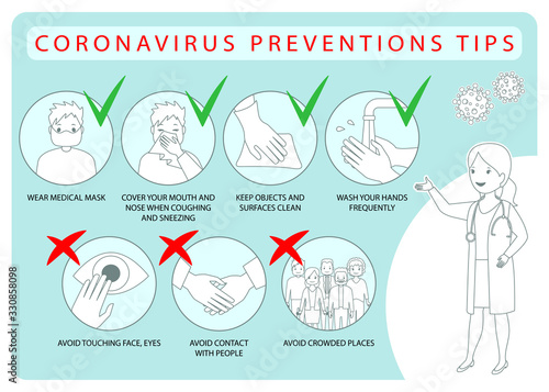 Сoronavirus precautions Infographics, washing hand, avoid touching eyes, wear face mask and avoid crowded places. Vectors illustration in flat design
