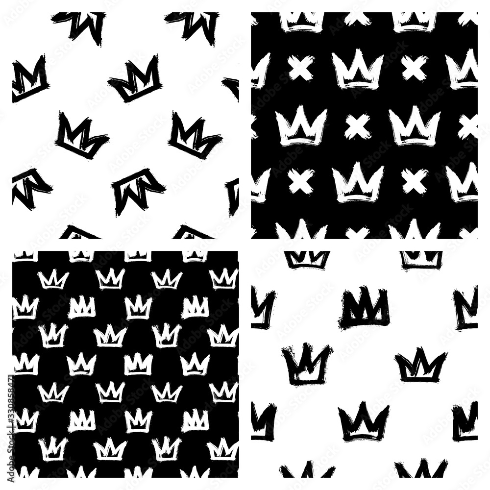 Set of 4 seamless patterns with ink brush painted crowns. Grunge graffiti street style vector wallpaper. Set of 4 seamless patterns with ink brush painted crowns. Grunge graffiti street style vector wallpaper.