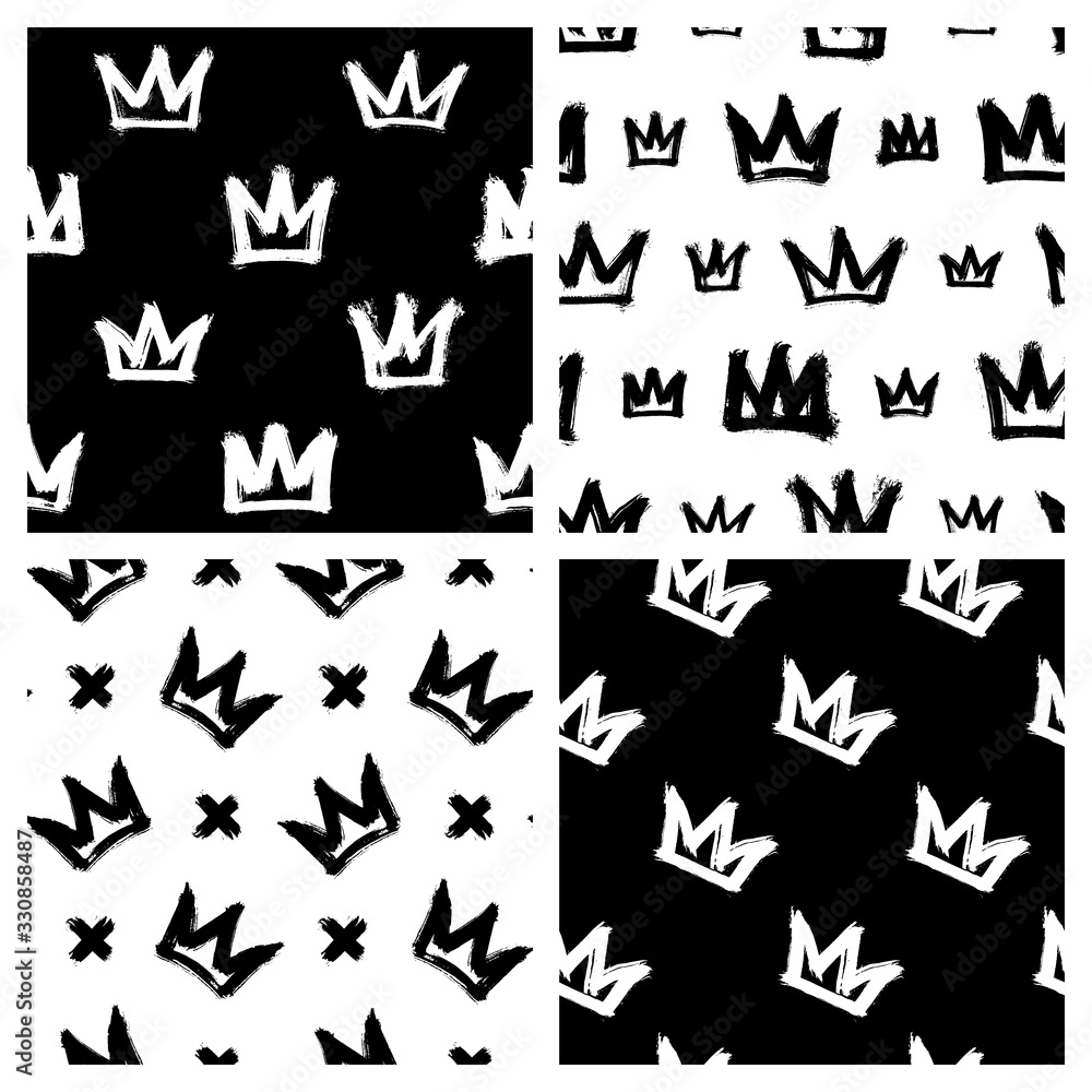 Set of 4 seamless patterns with ink brush painted crowns. Grunge graffiti street style vector wallpaper. Black and white backgrounds. Set of 4 seamless patterns with ink brush painted crowns. Grunge graffiti street style vector wallpaper. Black and white backgrounds.