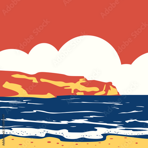 Tropical ocean sea landscape with mountaince surf retro vintage pop art. Seascape solid colors