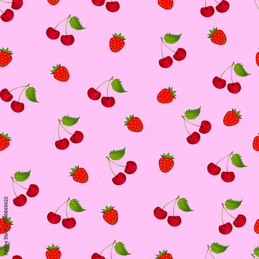 Cherry and strawberries on a pink background Cherry and strawberries on a pink background