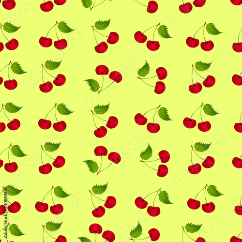 Cherry on a yellow background seamless pattern 