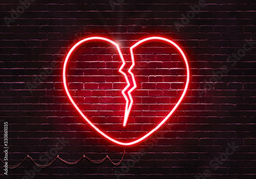 Canvas Print Neon sign on a brick wall in the shape of a broken heart