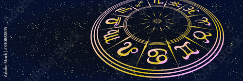 Round Frame with Zodiac Signs. Horoscope Symbol. Panoramic Sky Map of Hemisphere. Colorful Constellations on Starry Night Background. Vector Illustration © Grigory