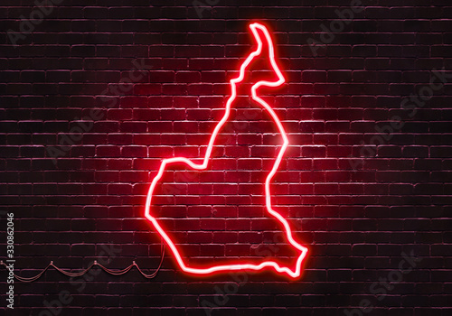 Neon sign on a brick wall in the shape of Cameroon.(illustration series)