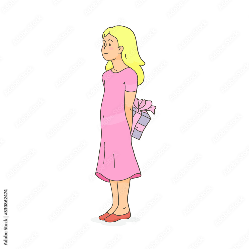 Girl with a gift preparing a surprise, character child, vector image EPS. Girl with a gift preparing a surprise, character child, vector image EPS.