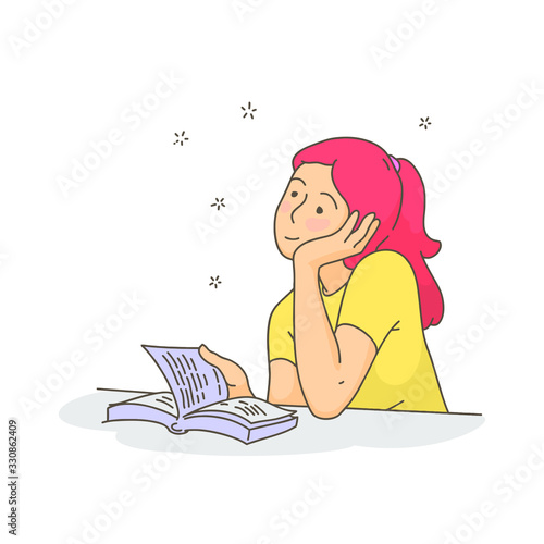 A girl dreams of leafing through an interesting book, cartoon style vector illustration EPS..