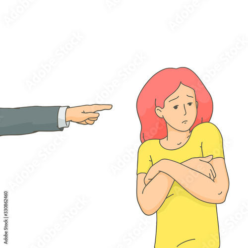 A sad young girl points in her direction with an index finger. The concept of accusation, shame, public censure or dismissal, vector illustration EPS.