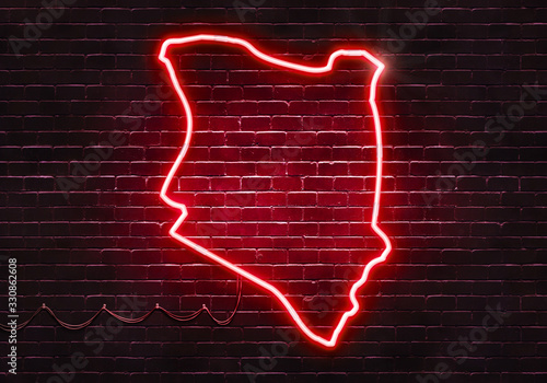 Neon sign on a brick wall in the shape of Kenya.(illustration series)